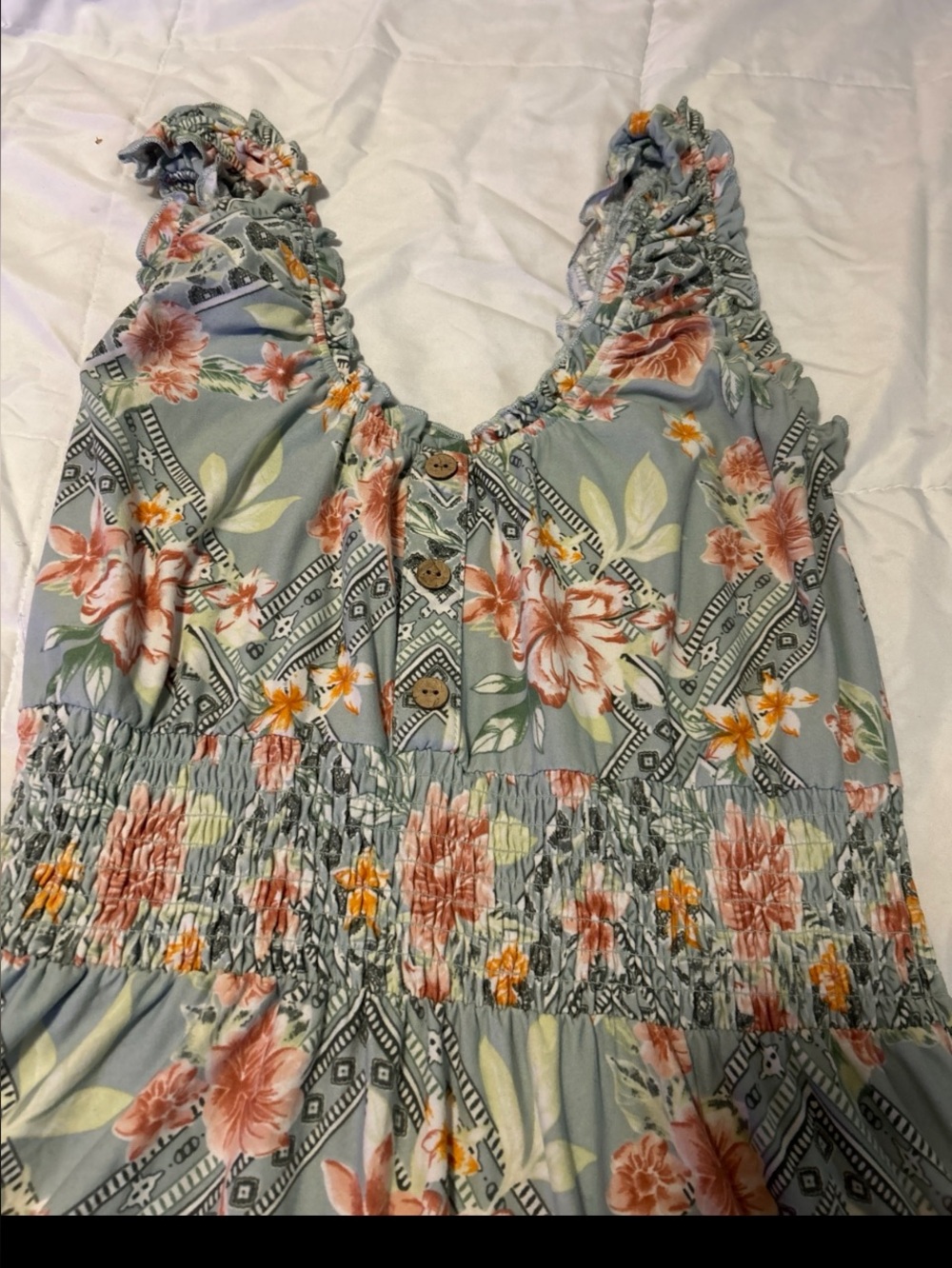 Floral Smocked Tank Dress in Light Blue and Coral